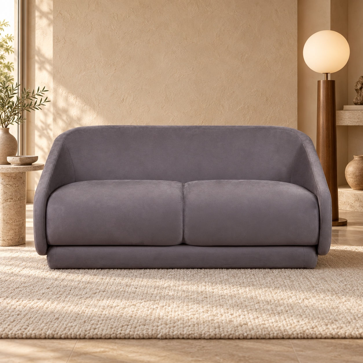 Sofa-Revolution162cm-veludo-cinza8278-de-frente-em-sala-ambientada.-Decoracao-nao-acompanha.