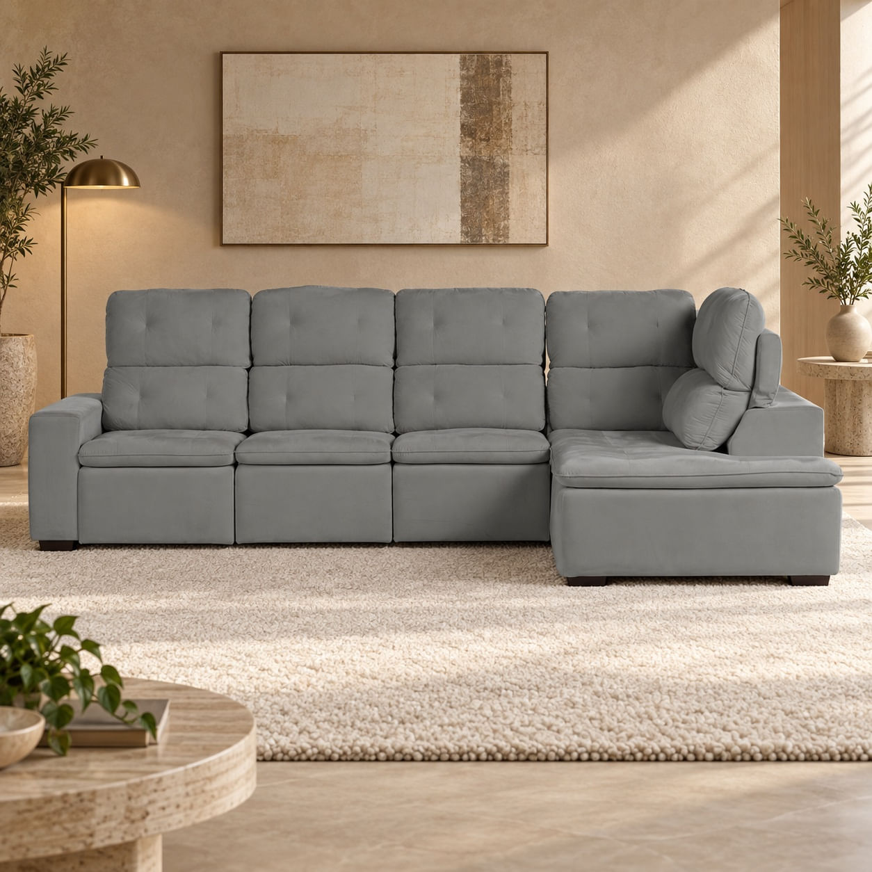 Sofa-Hamburgo322cm-veludo-cinza9204-frontal-ambientado-chaise-a-direita-de-quem-olha.-Decoracao-nao-acompanha.