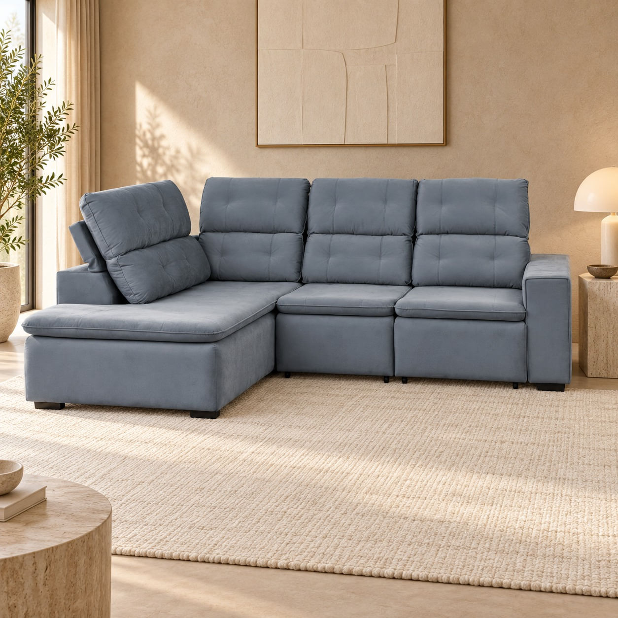 Sofa-Hamburgo-257-m-em-veludo-cinza-8278-vista-frontal-ambientada-com-chaise-a-esquerda-de-quem-olha.-Decoracao-nao-acompanha.