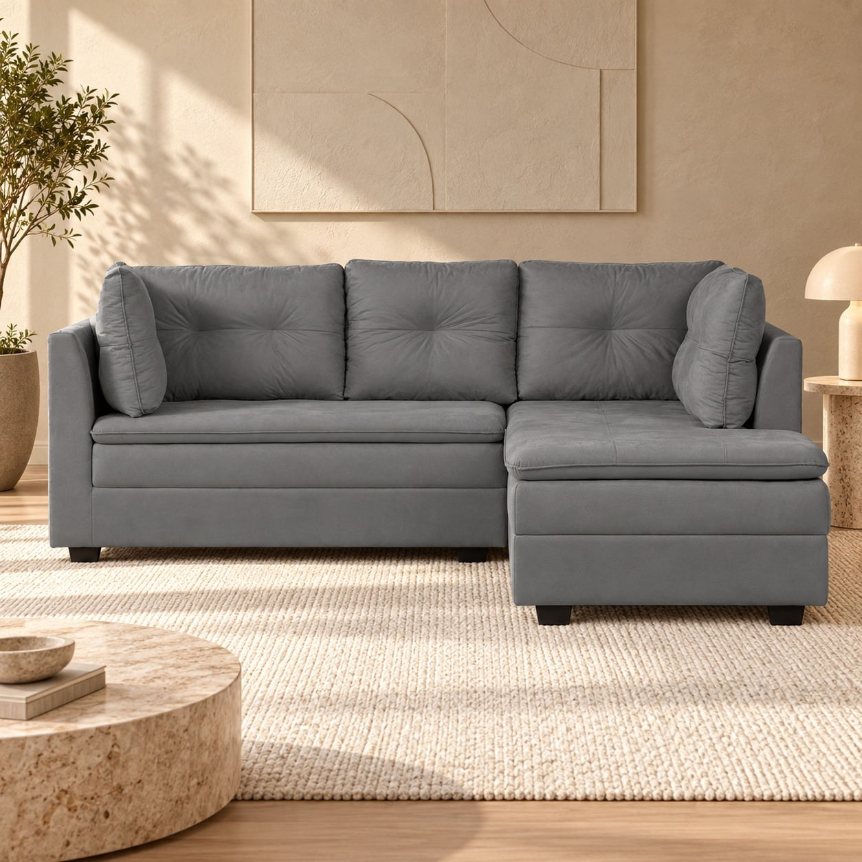 Sofa-Texas-cinza-9176-frontal-ambientado-com-chaise-a-direita-de-quem-olha.-Decoracao-nao-acompanha.