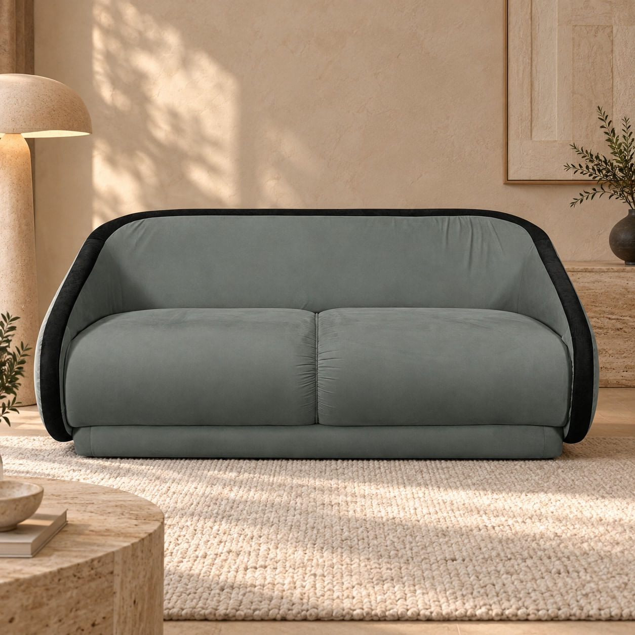 Sofa-Revolution-veludo-cinza-com-contorno-preto-de-frente-em-sala-ambientada.-Decoracao-nao-acompanha.