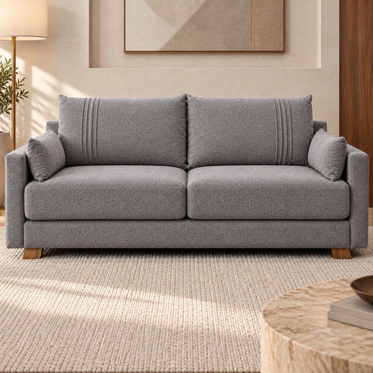 Sofa-Cancun-boucle-cinza-em-ambientacao-frontal-ilustrativa.-Cor-e-textura-aproximadas.