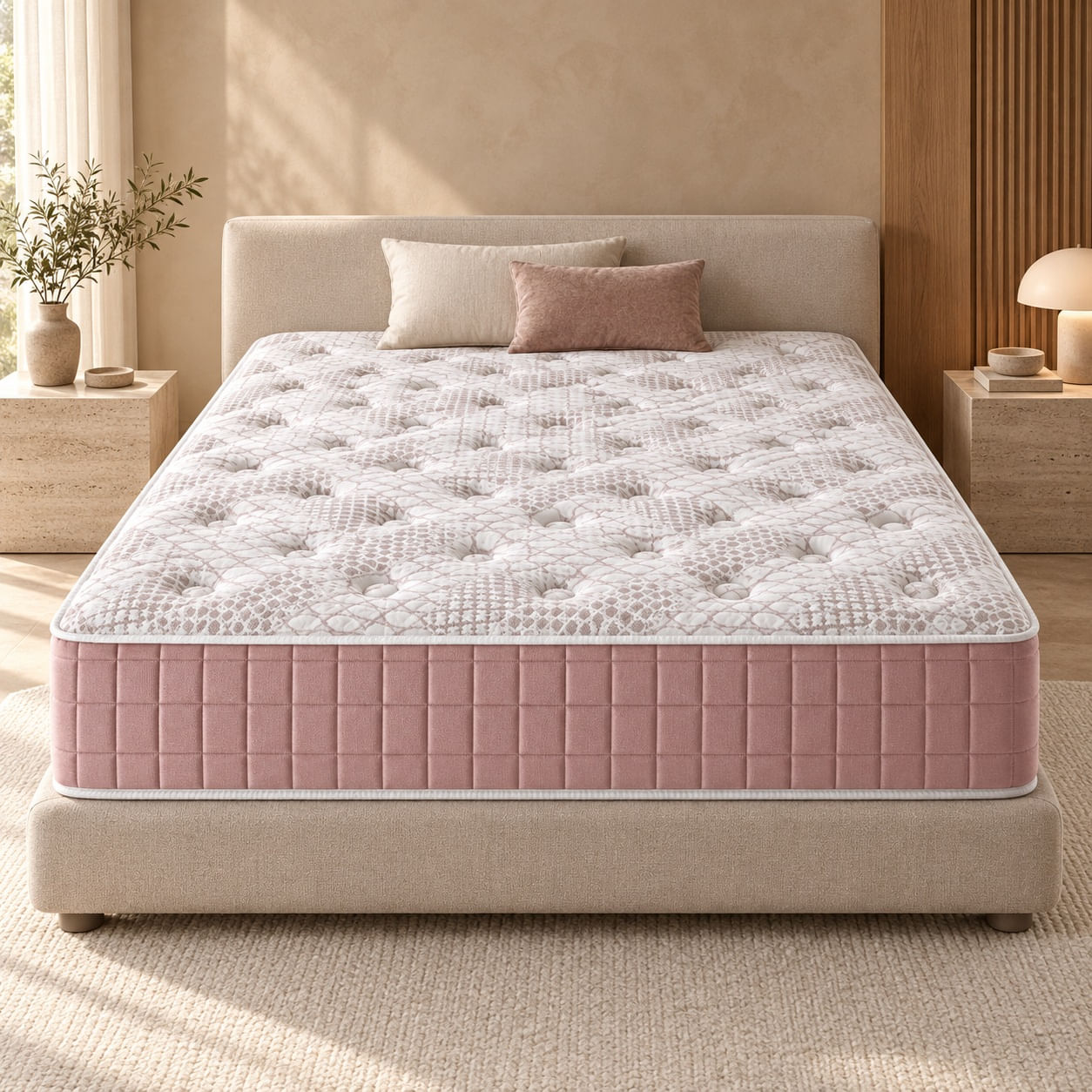 Colchao-Denver-Queen-rose-em-ambientacao-ilustrativa-frontal.-Base-e-decoracao-nao-inclusas.