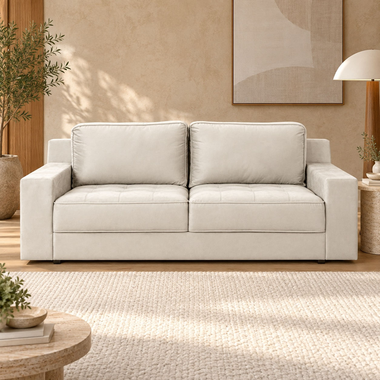 Sofa-Boston211cm-veludo-creme9205-em-ambientacao-ilustrativa-frontal.-Decoracao-nao-inclusa.