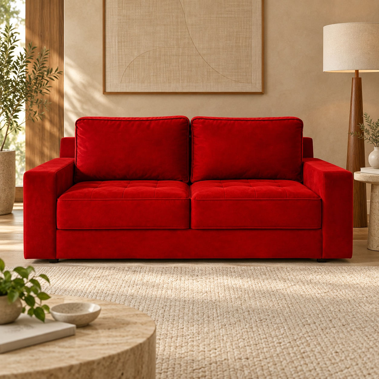 Sofa-Boston166cm-veludo-vermelho8295-em-ambientacao-ilustrativa-frontal.-Decoracao-nao-inclusa.