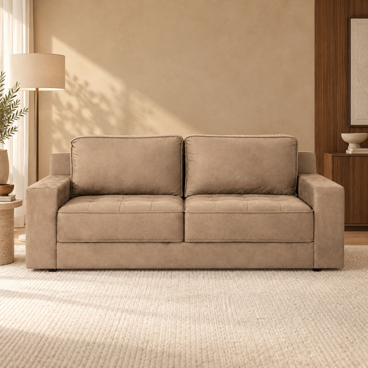 Sofa-Boston-166-cm-bege-9179-em-ambientacao-ilustrativa-frontal.-Decoracao-nao-inclusa.