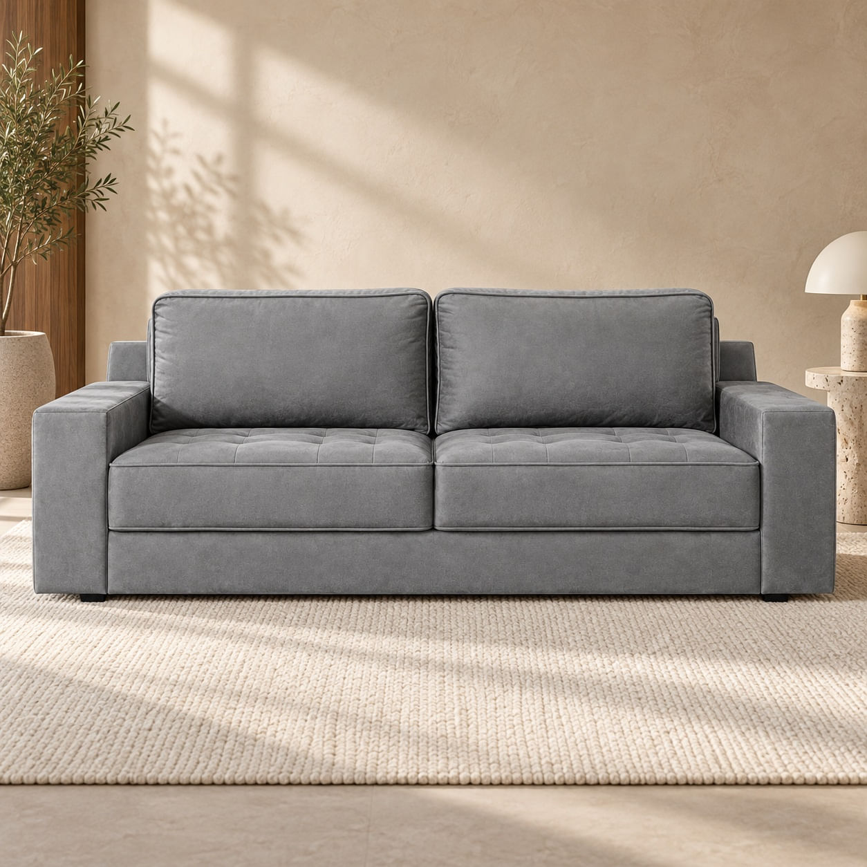 Sofa-Boston-211-cm-veludo-cinza-8278-em-ambientacao-ilustrativa-frontal.-Decoracao-nao-inclusa.