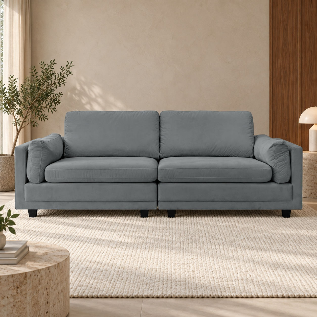 Sofa-Londres-210-cm-veludo-cinza-8278-em-ambientacao-ilustrativa-frontal.-Decoracao-nao-inclusa.