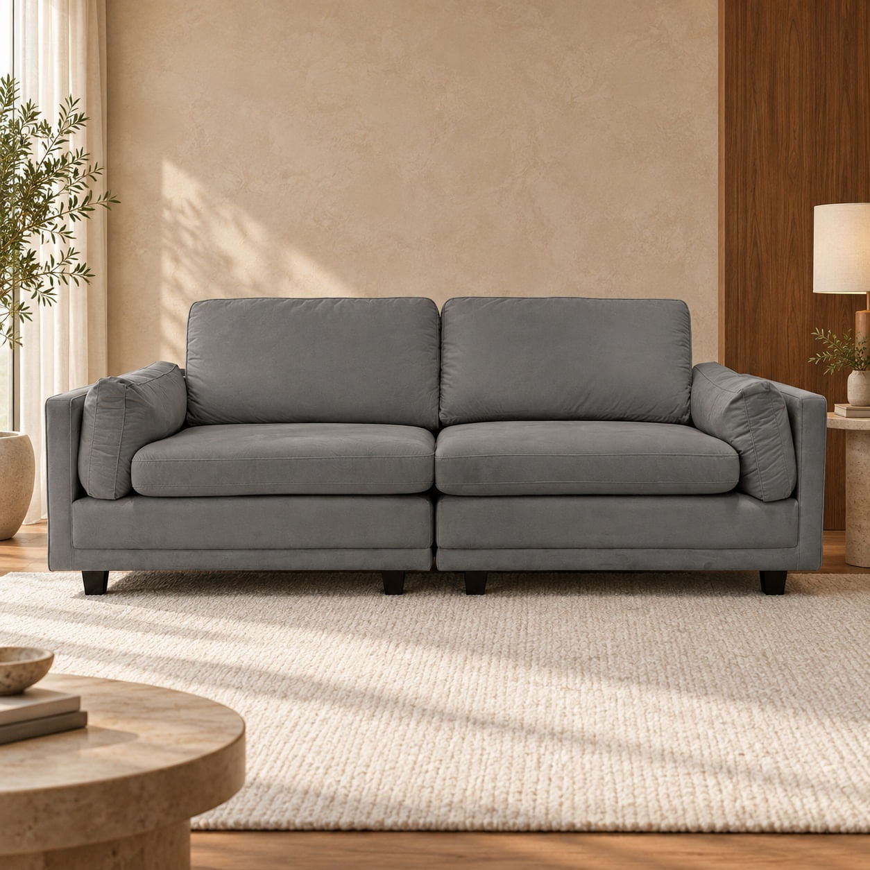 Sofa-Londres-210-cm-cinza-9176-em-ambientacao-ilustrativa-frontal.-Decoracao-nao-inclusa.