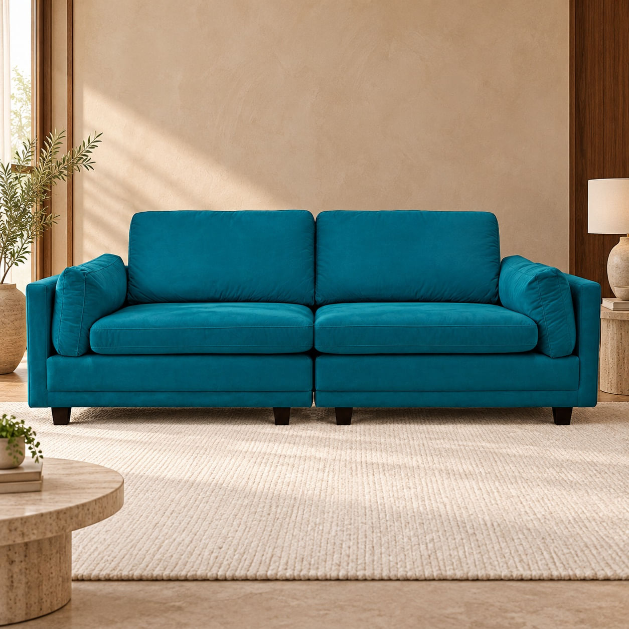 Sofa-Londres-210-cm-veludo-azul-8298-em-ambientacao-ilustrativa-frontal.-Decoracao-nao-inclusa.
