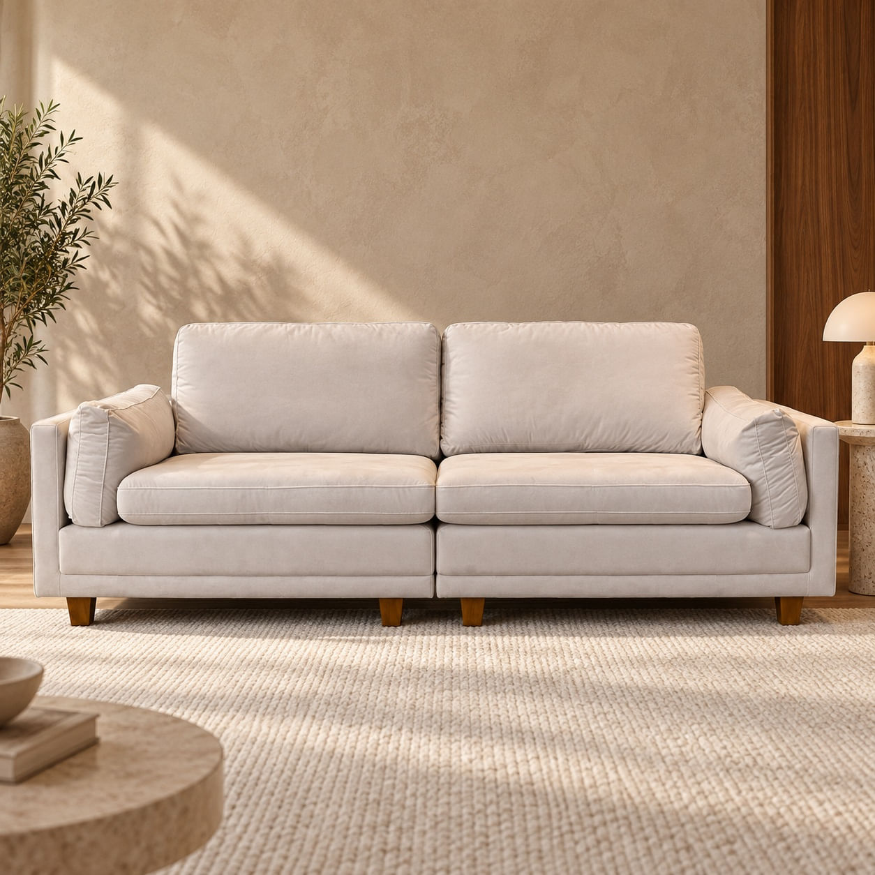 Sofa-Londres-210-cm-bege-9205-em-ambientacao-ilustrativa-frontal.-Decoracao-nao-inclusa.