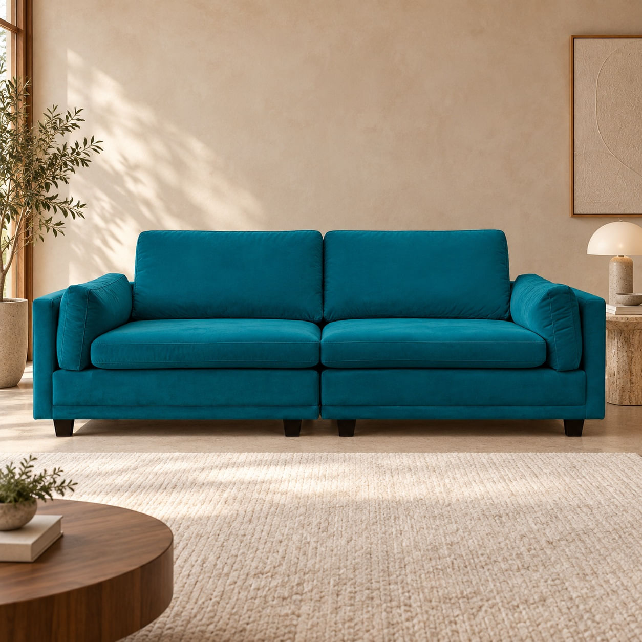 Sofa-Londres-230-cm-veludo-azul-8298-em-ambientacao-ilustrativa-frontal.-Decoracao-nao-inclusa.