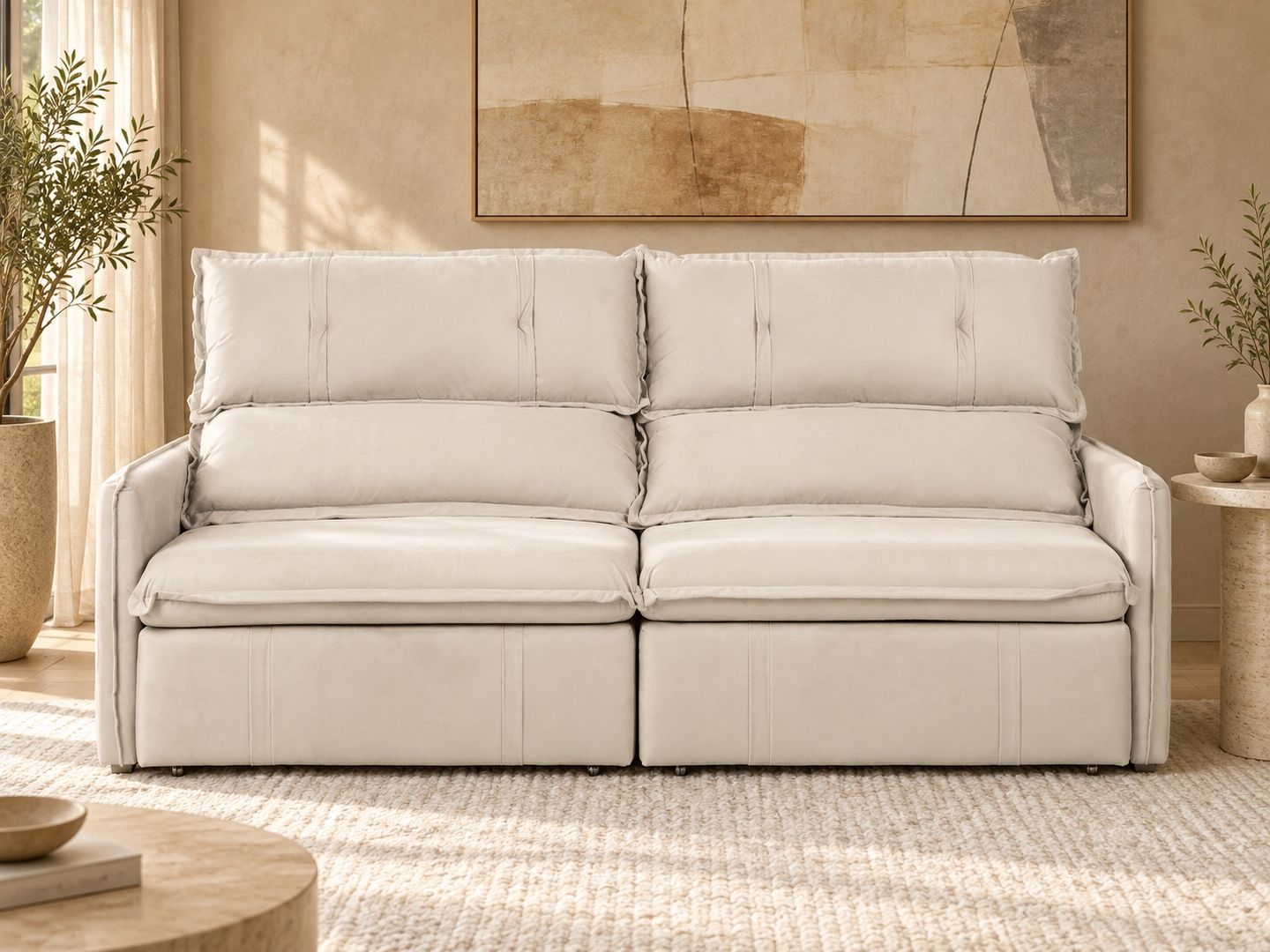 Sofa-Genova-bege-em-ambientacao-ilustrativa-frontal.-Decoracao-nao-inclusa.