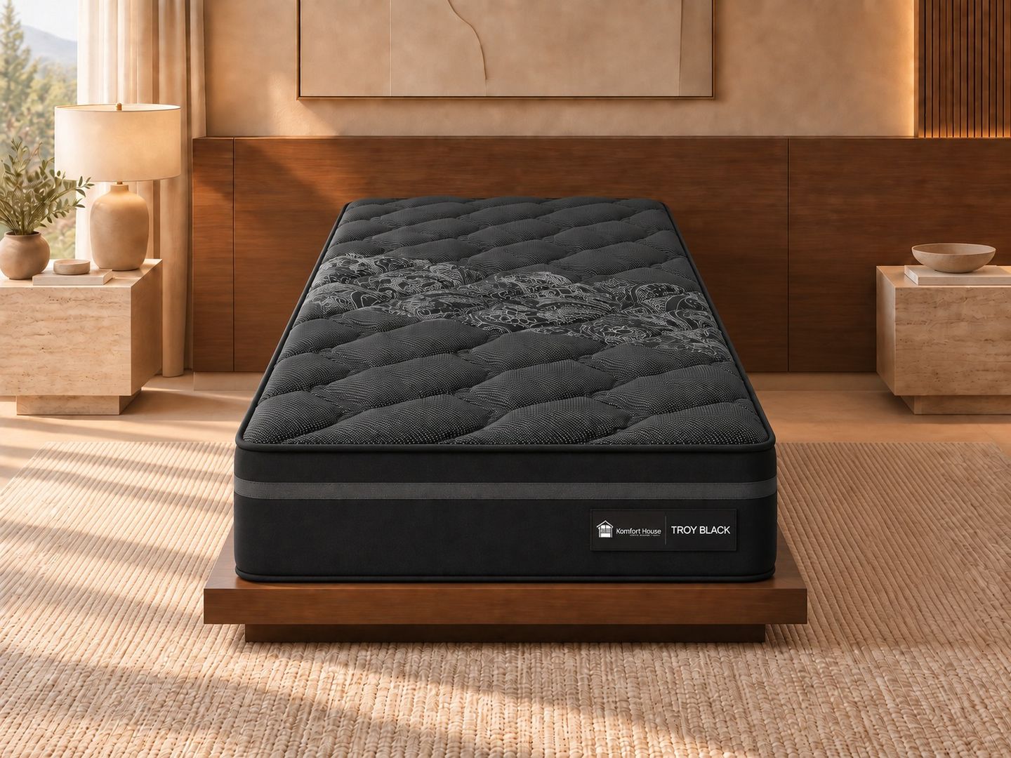 Troy-Black-solteiro-88-x-188-x-32-cm-em-ambientacao-frontal-ilustrativa.-Base-e-decoracao-nao-inclusas.