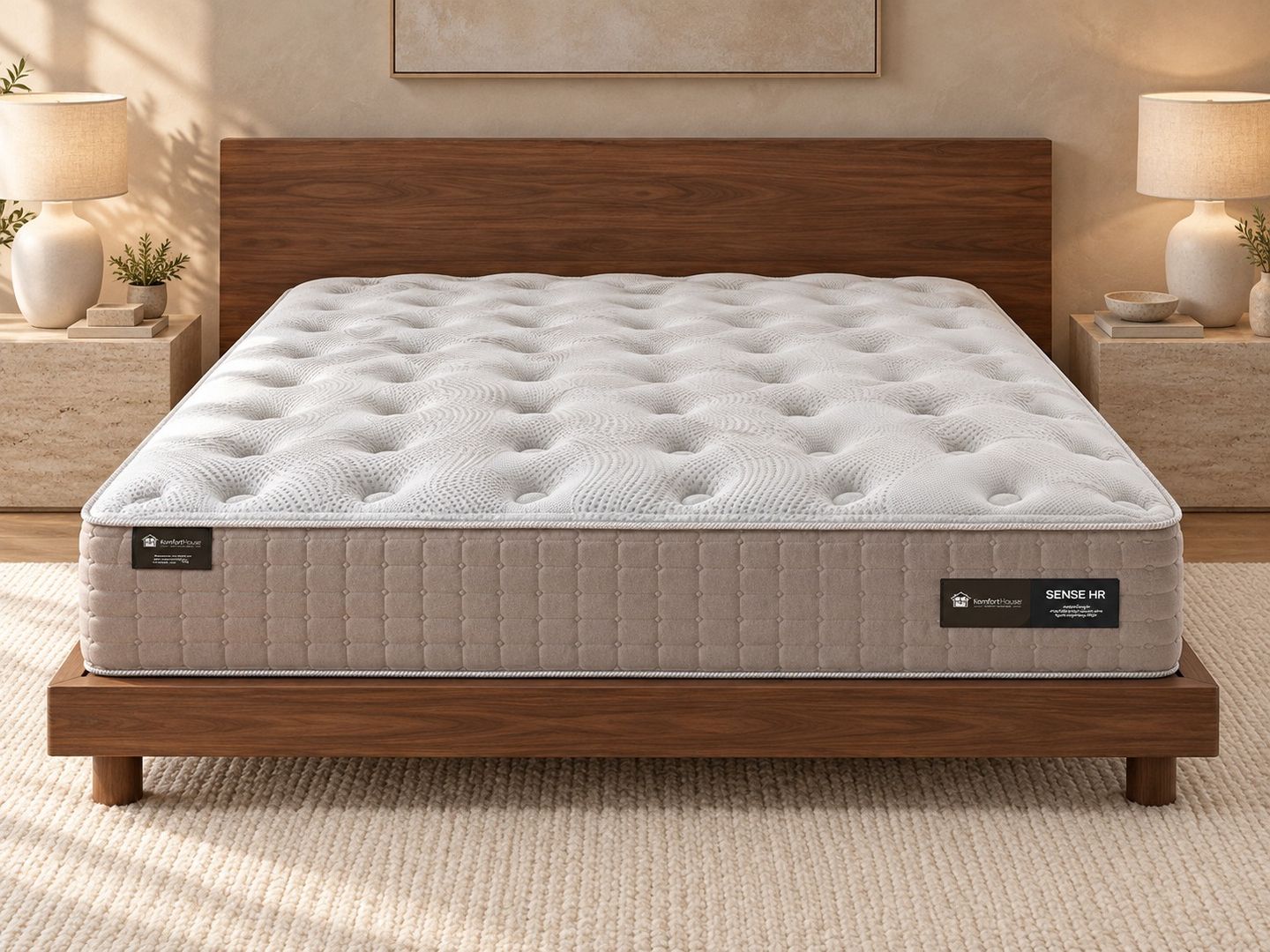 Sense-HR-casal-138-x-188-cm-caqui-em-ambientacao-frontal-ilustrativa.-Base-e-decoracao-nao-inclusas.