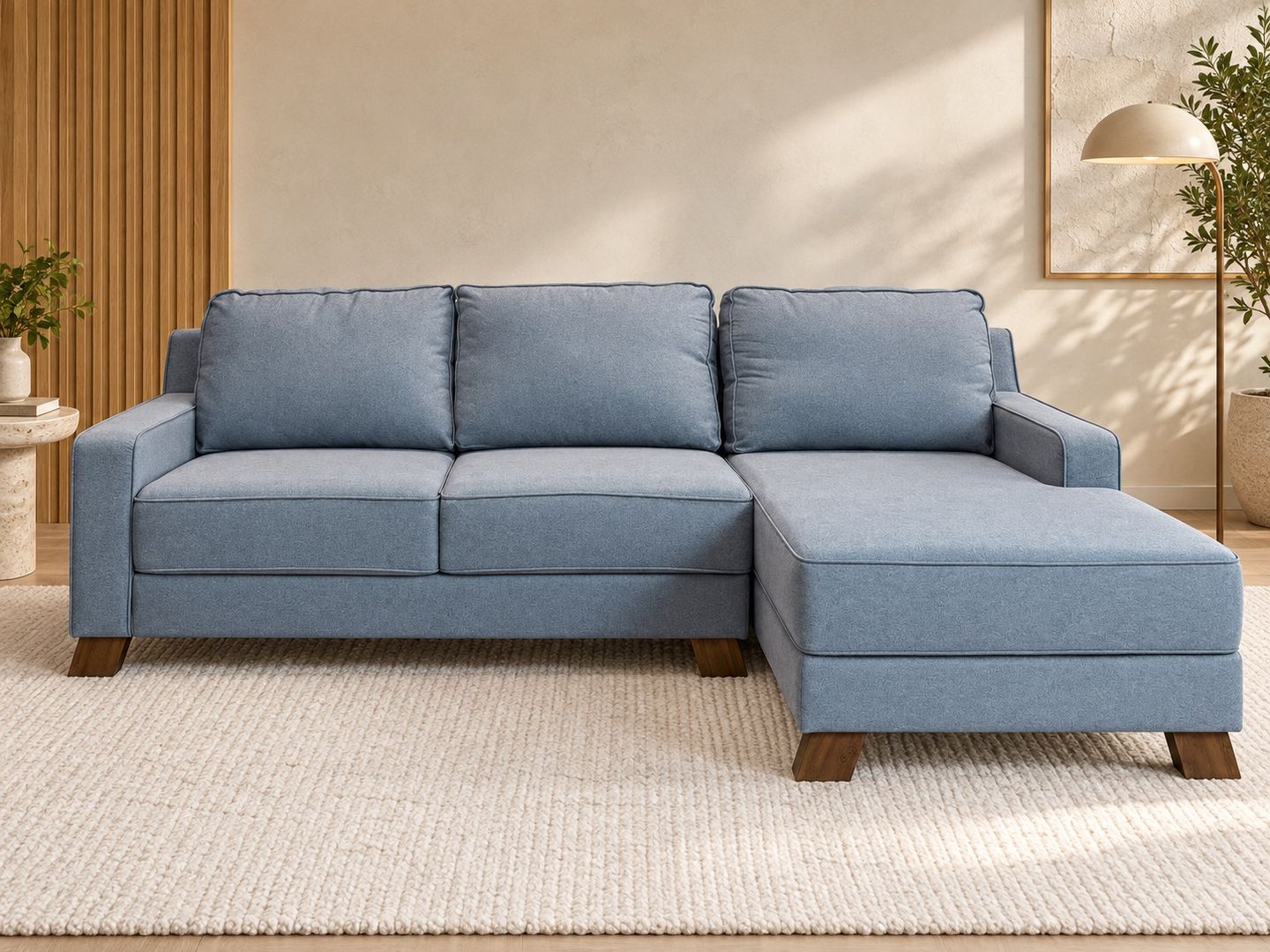 Sofa-Escocia-cinza-com-chaise-fixa-a-direita-em-ambientacao-ilustrativa-frontal.-Decoracao-nao-inclusa.