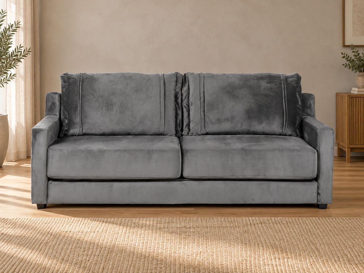 Sofa-cama-Ibiza-cinza9204-fechado-em-ambientacao-ilustrativa-frontal.-Decoracao-nao-inclusa.