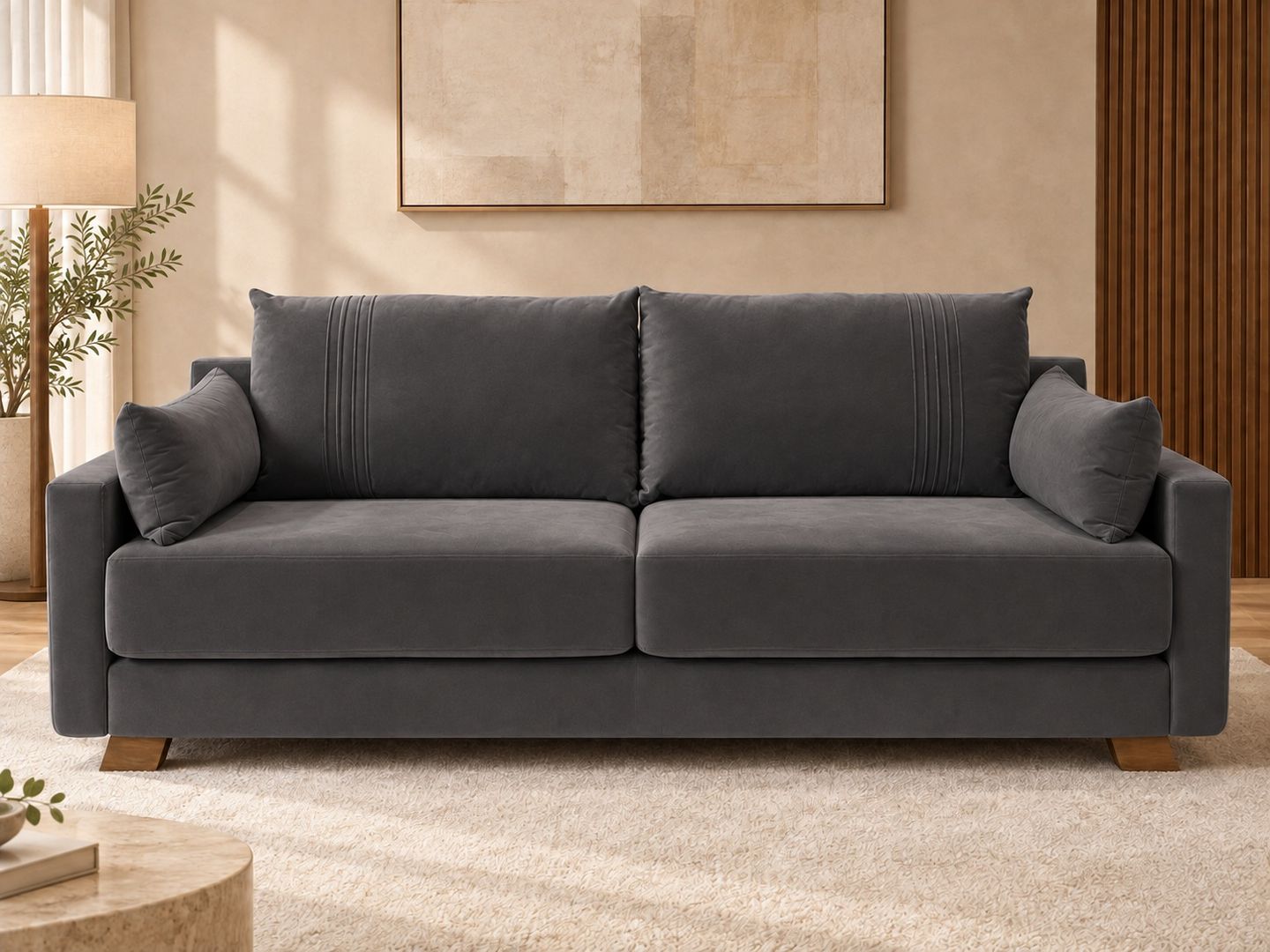 Ambientacao-ilustrativa-do-sofa-Cancun-frontal-cor-veludo-cinza-9204-aproximada.-Decoracao-nao-inclusa.