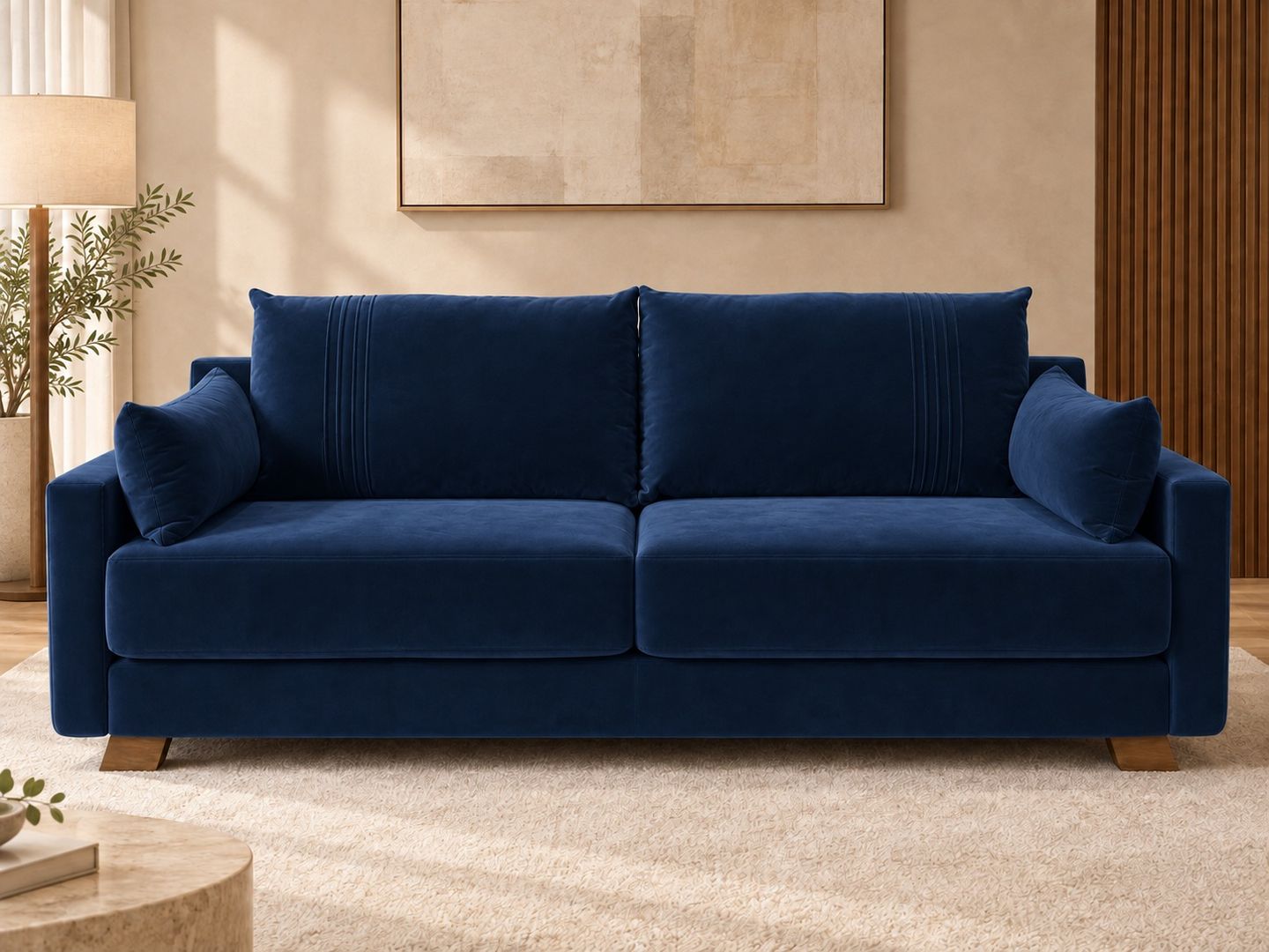Ambientacao-ilustrativa-do-sofa-Cancun-frontal-cor-veludo-azul-marinho-8298-aproximada.-Decoracao-nao-inclusa.