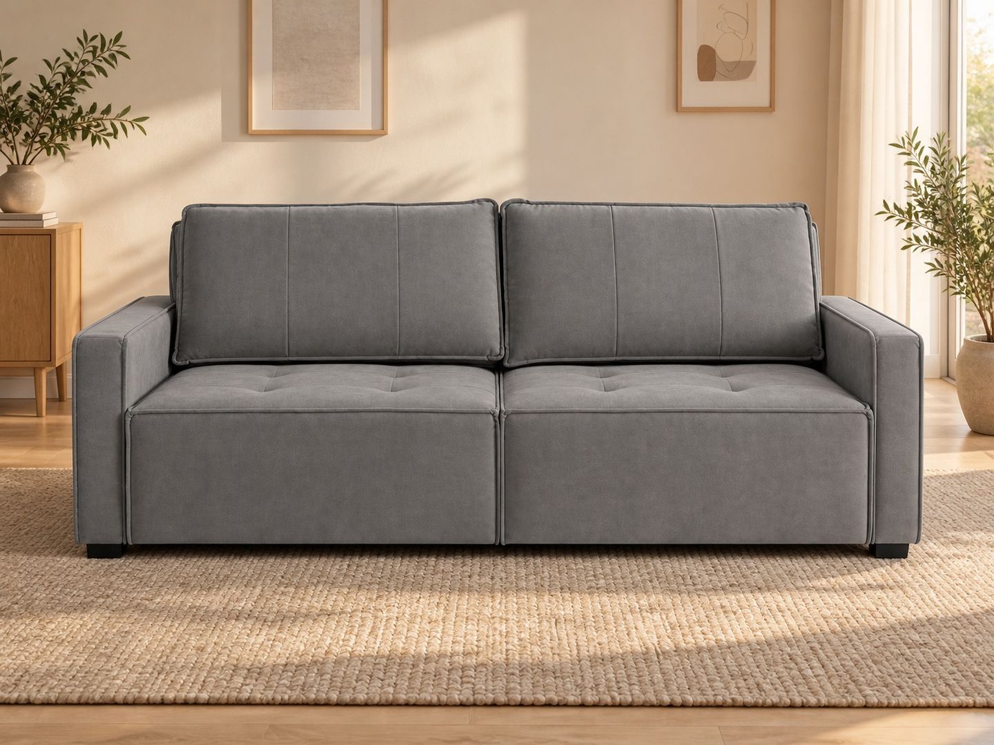 Sofa-Filipinas-208-m-em-veludo-cinza-8278-visto-de-frente-em-ambientacao-ilustrativa.-Decoracao-nao-inclusa.