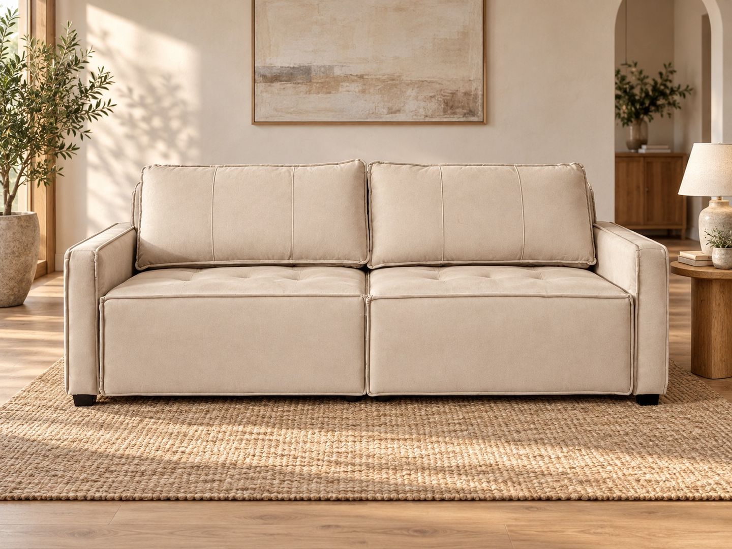 Sofa-Filipinas-208-VELUDO-BEGE-9205-visto-de-frente-em-ambientacao-ilustrativa.-Decoracao-nao-inclusa.