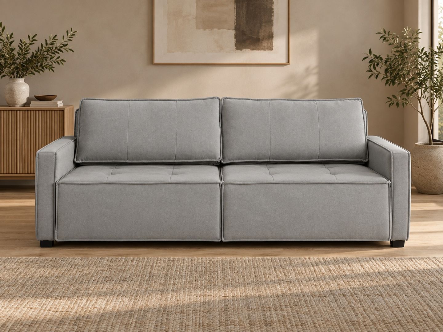 Sofa-Filipinas-208-BOUCLE-CINZA-9176-visto-de-frente-em-ambientacao-ilustrativa.-Decoracao-nao-inclusa.