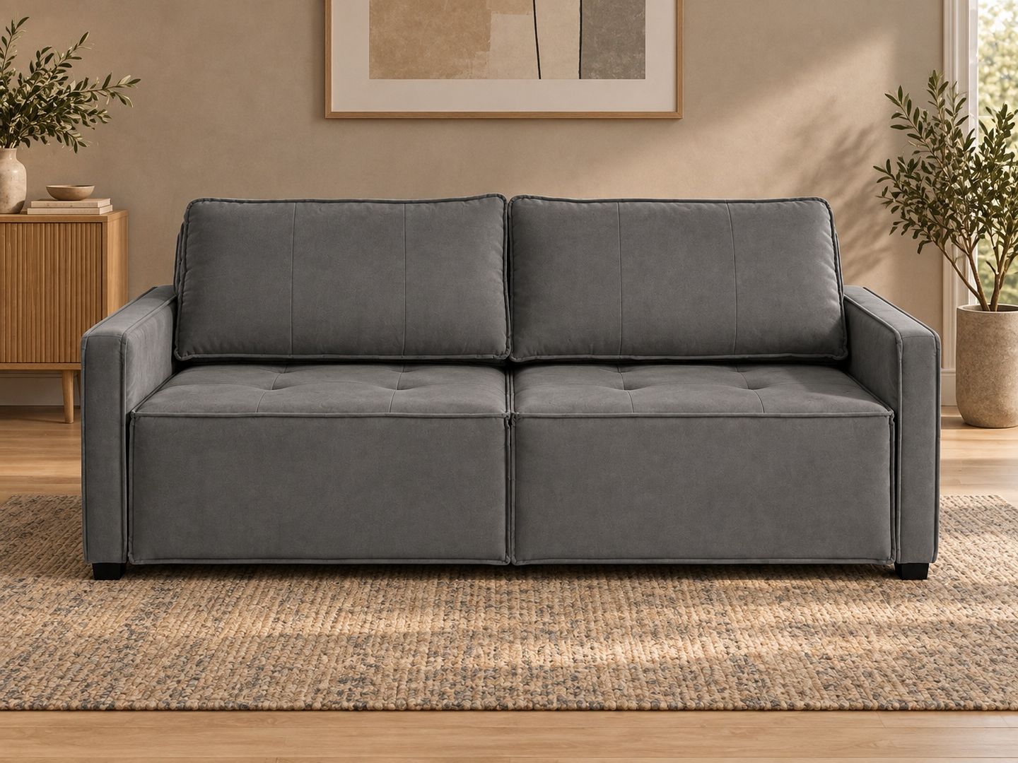 Sofa-Filipinas-208-VELUDO-CINZA-9204-visto-de-frente-em-ambientacao-ilustrativa.-Decoracao-nao-inclusa.
