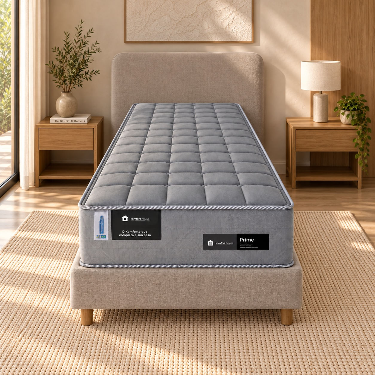 Colchao-Prime-88x188-cm-cinza-vista-frontal-ambientada-sobre-cama-de-apoio.-Base-cabeceira-e-decoracao-nao-acompanham.