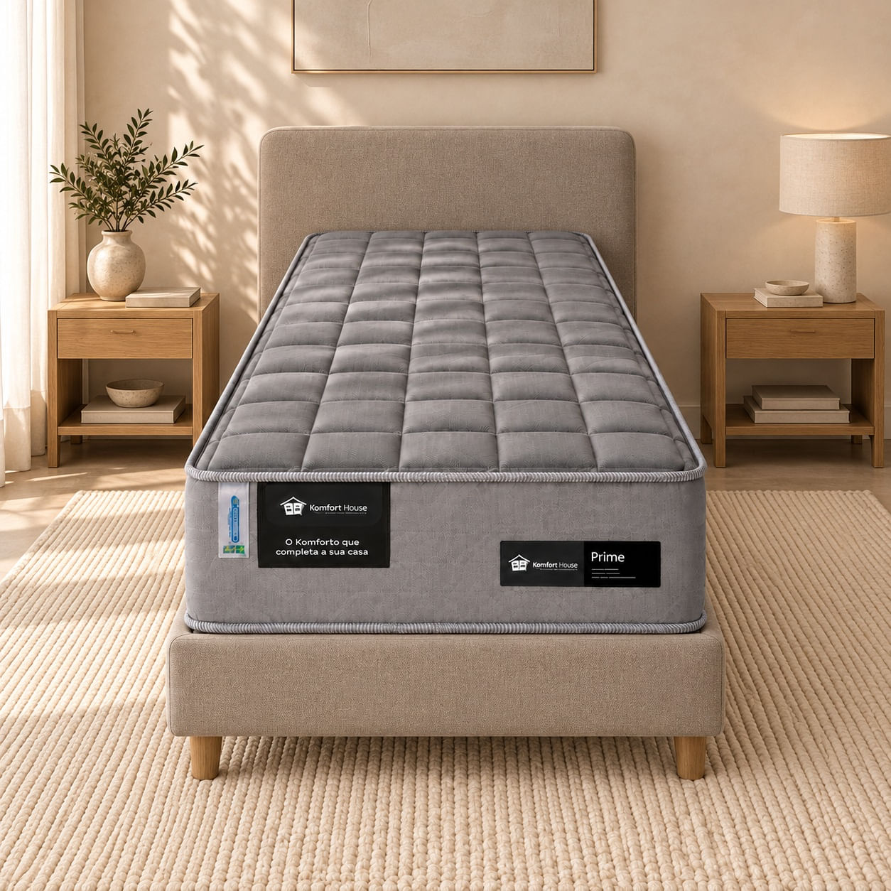 Colchao-Prime-96x203-cm-cinza-vista-frontal-ambientada-sobre-cama-de-apoio.-Base-cabeceira-e-decoracao-nao-acompanham.