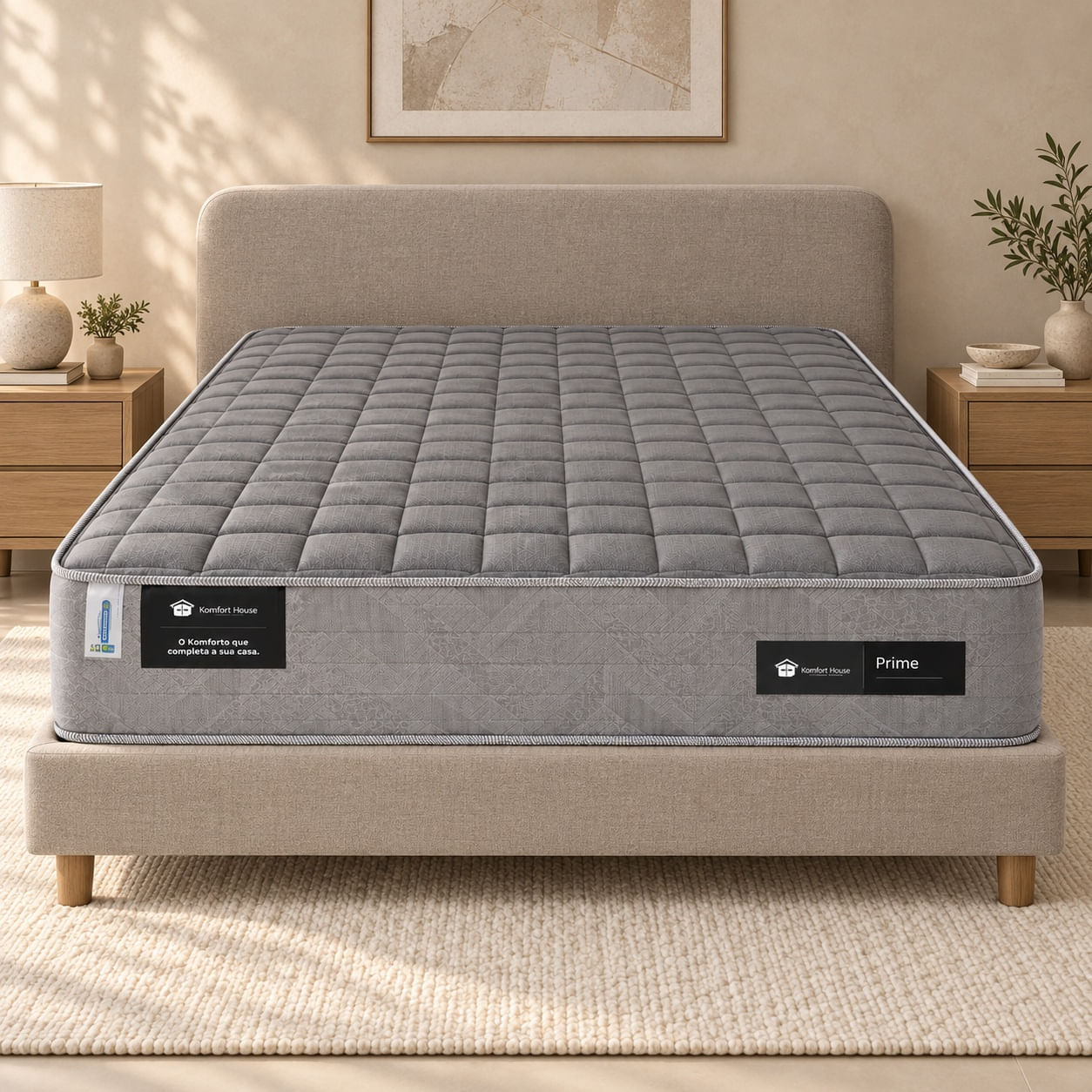 Colchao-Prime-138x188-cm-cinza-vista-frontal-ambientada-sobre-cama-de-apoio.-Base-cabeceira-e-decoracao-nao-acompanham.