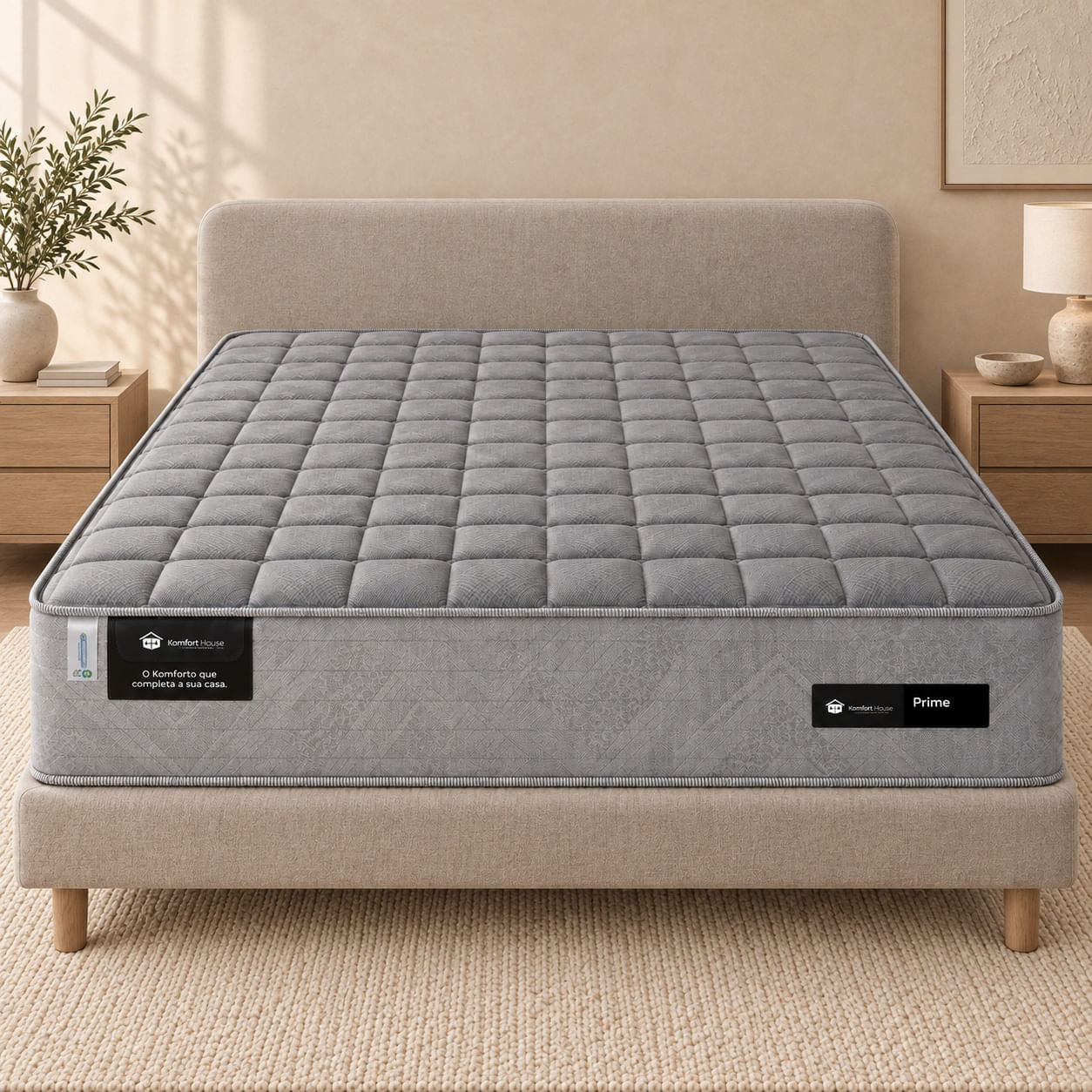 Colchao-Prime-158x198-cm-cinza-vista-frontal-ambientada-sobre-cama-de-apoio.-Base-cabeceira-e-decoracao-nao-acompanham.