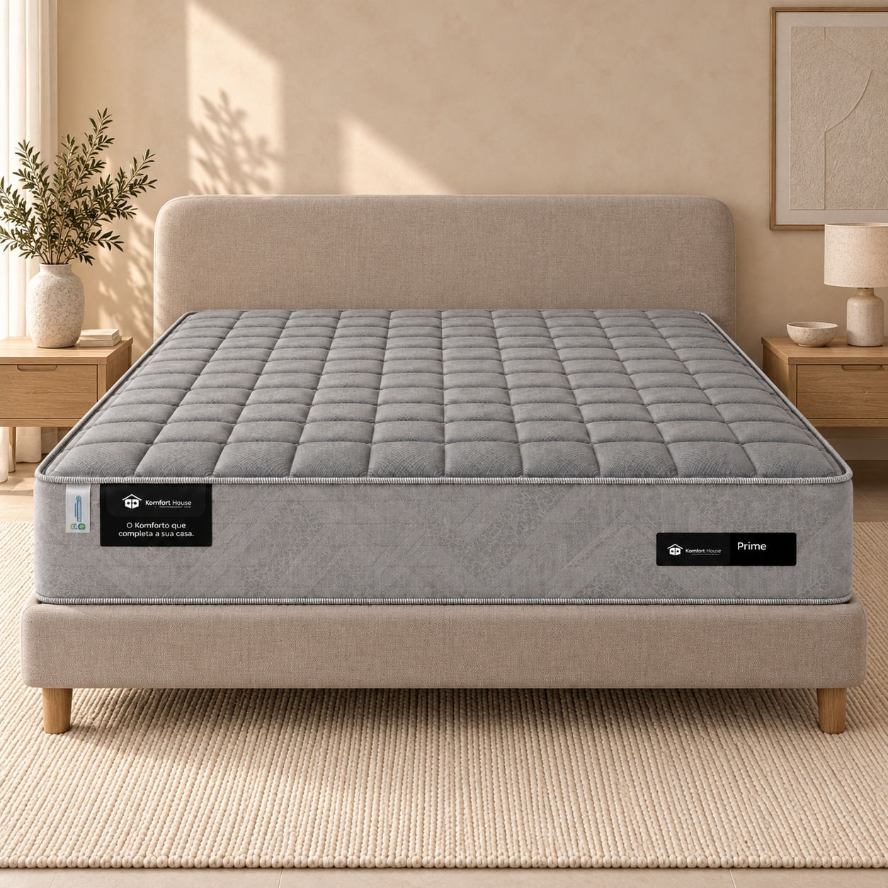 Colchao-Prime-193x203-cm-cinza-vista-frontal-ambientada-sobre-cama-de-apoio.-Base-cabeceira-e-decoracao-nao-acompanham.