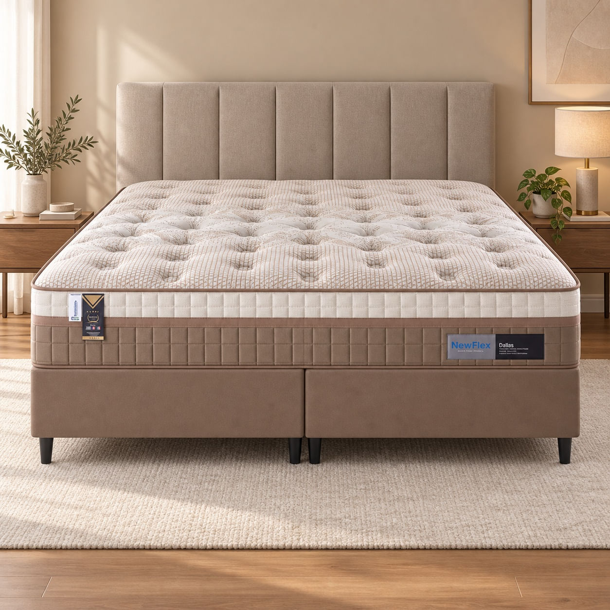 Conjunto-Dallas-King-193x203-cm-castor-com-colchao-e-base-bipartida-vista-frontal-ambientada.-Cabeceira-e-decoracao-nao-acompanham.