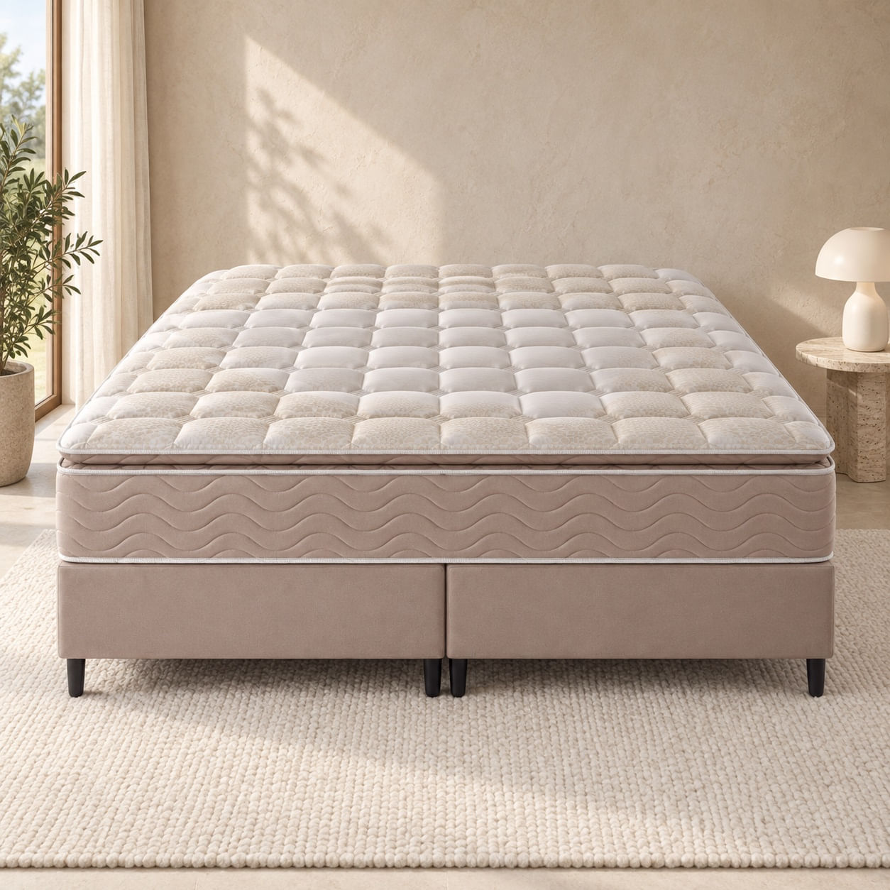 Conjunto-Saara-Plus-king-bege-visto-de-frente-em-ambientacao-ilustrativa.-Decoracao-nao-inclusa.