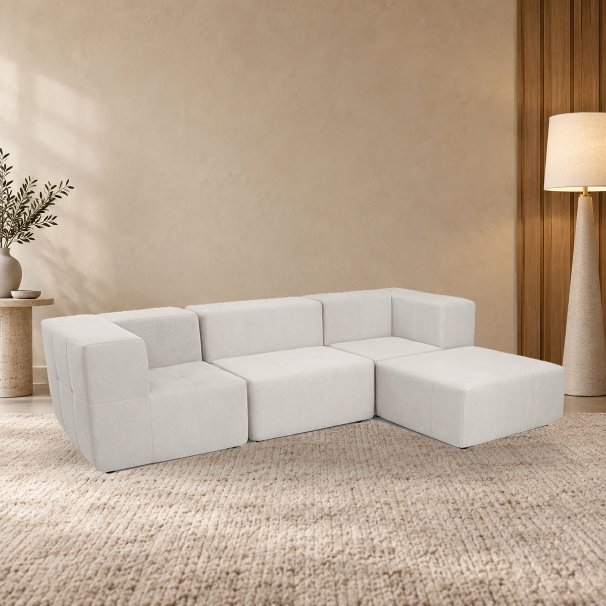 Sofá Modular Nara Komfort In Box 3 lugares com 1 puff em ambiente